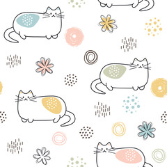seamless pattern from a set of children's primitive drawings of cats and various elements in pastel colors. Cute design with a black outline in a flat style on a white background.