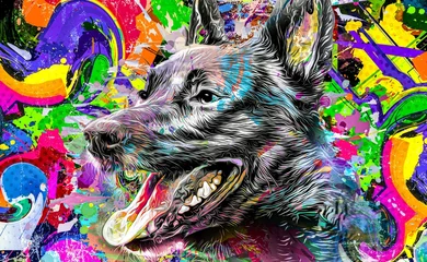 Zelfklevend Fotobehang abstract colored dog muzzle isolated on colorful background color art © reznik_val