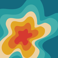 Abstract illustration of colorful retro style swirl design in blue, turquoise, beige, orange, red and mustard colors