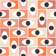 Seamless geometric Mid Century inspirational pattern with colorful (orange, pink, beige) squares and black circles decoration on white background