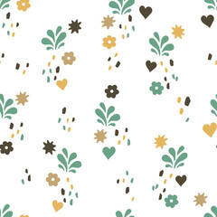 Seamless pattern of primitive simple elements, leaves, stars, hearts, plants, dots. Print for fabric, wallpaper, children's clothing, decor, cover. vector illustration.