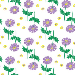 Seamless pattern from primitive child's flowers. Background of abstract blue lavender flowers. 

