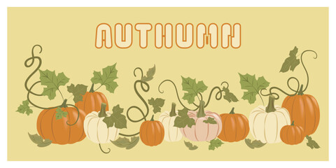 Happy Halloween banner or party invitation background with bats and pumpkins in flat style. Vector illustration