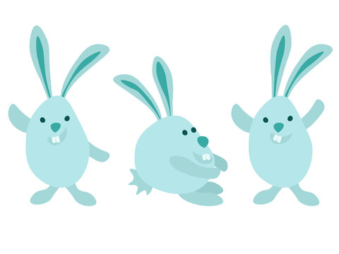 Set of rabbits in cartoon style, symbol of the year or Easter mascot in blue