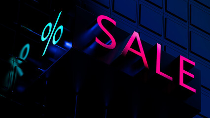 Concept of sale and percent sign with neon illumination. Sale, discounts, profitable purchase. 3D render.