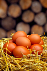 Natural chicken eggs on different backgrounds. Chicken eggs on a hemp, table, straw. The concept of food, diet, cooking.