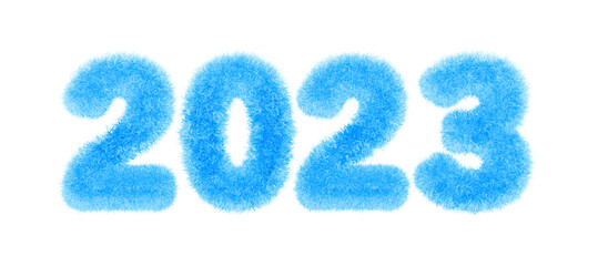 A soft blue, fluffy, fur 2023 new year celebration graphic. Very high resolution for print and screen