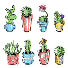 Set of cactus in flowerpots. Outline hand drawn sketch isolated on white