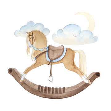 Watercolor illustration depicting vintage cute fairy tale children's toy rocking horse, isolated