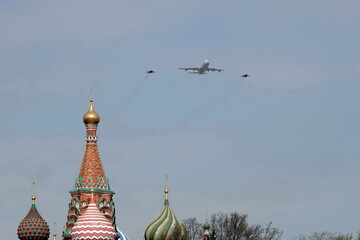 IL-80 aircraft accompanied by Mig-29 fighters during the dress rehearsal of the Victory Parade