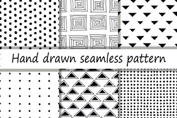 Hand drawn seamless pattern with dots, triangles, squares. Collection of abstract vector background