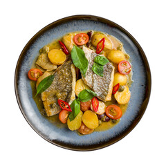Dorado on grill with mini potatoes and artichokes on plate isolated on white background top view