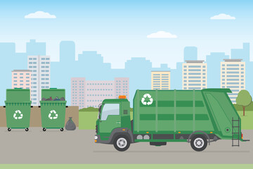 Garbage truck and garbage cans on city background. Ecology and recycle concept. Vector illustration.