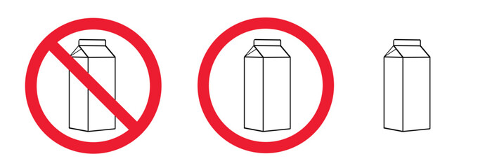 No milk sign or logo. For gluten and dairy free product. Vector pack of milk pictogram. Not allow milk. Lactose intolerance allergy concept warning. Carton package. Food symbol. Healthy meal. - obrazy, fototapety, plakaty