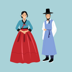 Man and woman wearing Korean traditional clothes vector illustration