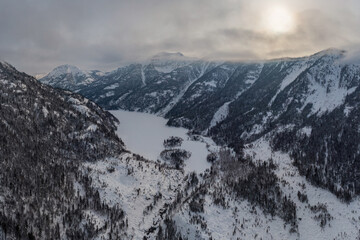 Fototapeta na wymiar Winter aerial view of the Sable Lakes in the mountains of Khamar-Daban
