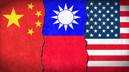 American, Chinese, and Taiwanese flags painted on cracked concrete.