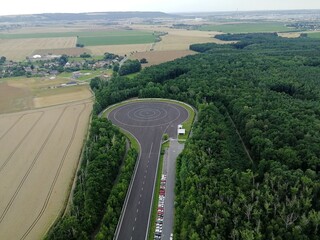 Skoda auto secret testing facility and a giant one way roundabout, aerial panorama landscape view