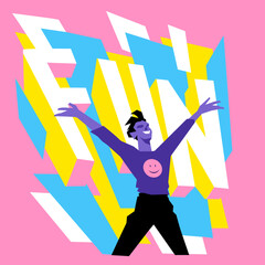 Persona che esplode di felicità. La scritta Fun esalta il concetto di gioia e festeggiamento. © Hurca!