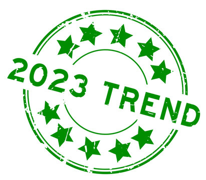 Grunge green 2023 trend word with star icon round rubber seal stamp on white background