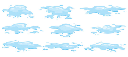Water spill puddles set. Blue liquid various shape in flat cartoon style. Vector fluid design element isolted on white background