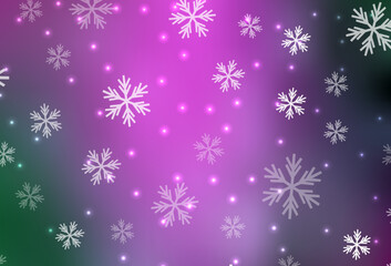 Light Pink, Green vector pattern with christmas snowflakes, stars.