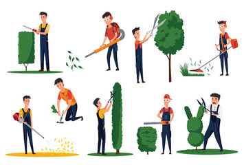 Fototapeta na wymiar Professional gardeners with different tools and poses. Maintenance performing, plants and lawn care, pruning bush leaves. Man using garden machinery, equipment and tools