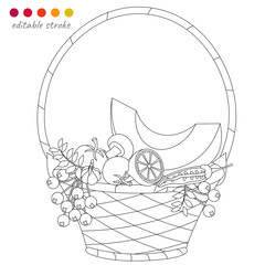 Basket with pumpkin, vegetables and berries. Autumn collection. Relaxation coloring template.