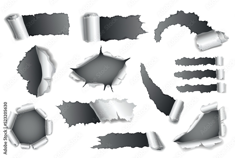 Poster paper hole collection of gray torn paper. torn sides over dark paper background with space for text.