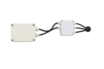 Breaker small power button white with black wire to distribute electricity supply with metal flex pipe. Safety concept. Good manager network. Cable system installation. 
