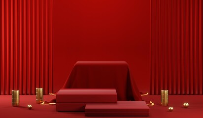 3D rendering of blank product background for cream cosmetics Modern red podium background