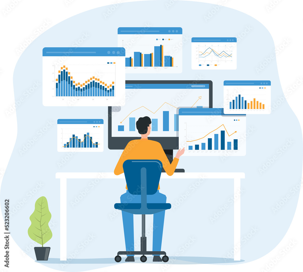 Poster people analytics and monitoring investment and finance report graph on monitor