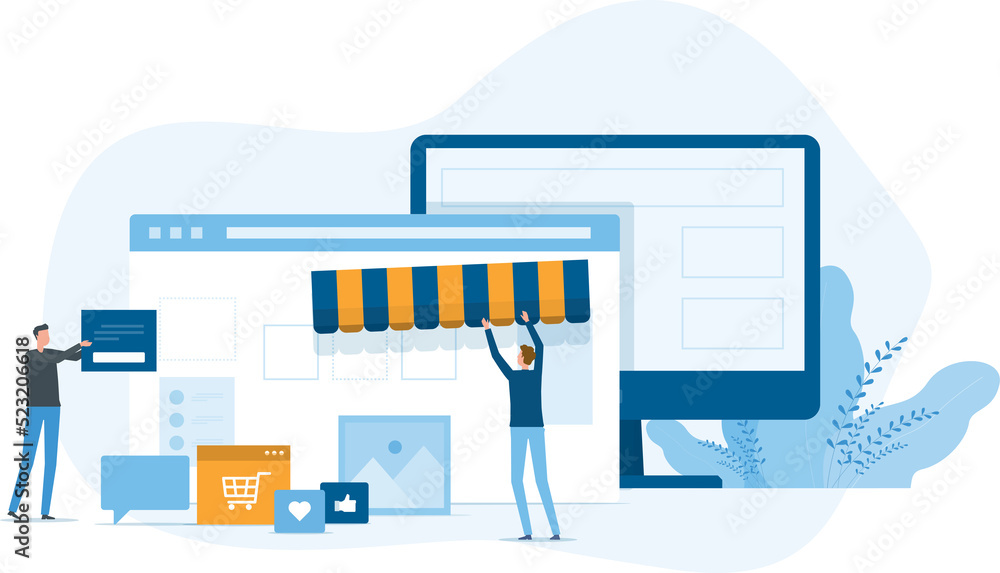 Poster business team working developer and designer team create an online store shop concept