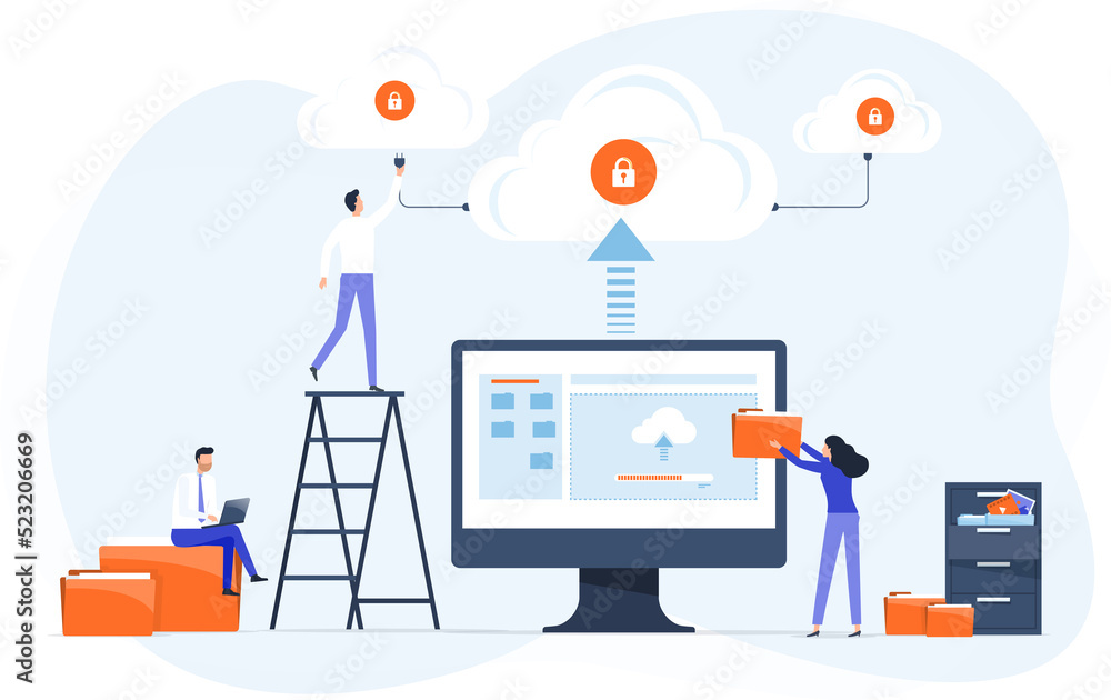 Leinwandbilder Business technology file upload backup on cloud server storage concept. team administrator and developer working with computer monitor.