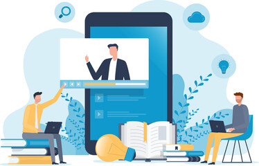 online education and E-learning at home by webinar training and design for Webinar, online video training, tutorial podcast and business coaching concept. - obrazy, fototapety, plakaty