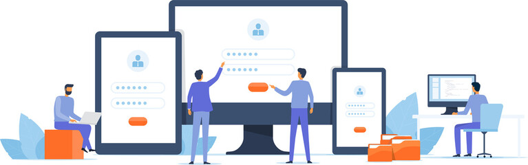 Business developer team working on device monitor concept. 	
