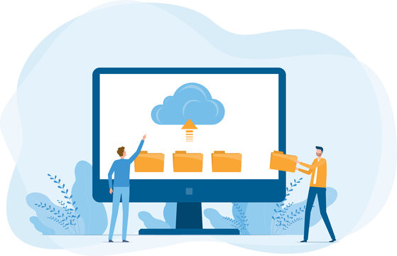 Business technology cloud computing service and technology file upload backup on cloud server storage concept