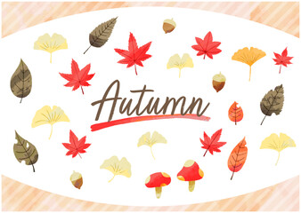 Obraz na płótnie Canvas 淡い色んな葉っぱの秋の手描きイラスト