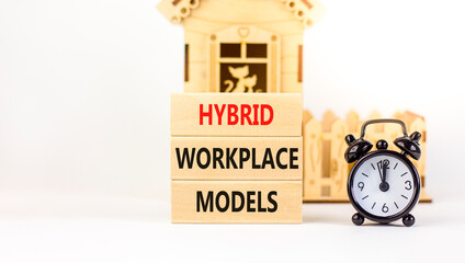 Hybrid workplace models symbol. Concept words Hybrid workplace models on wooden blocks. Black alarm...