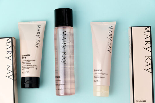 Tyumen, Russia-July 19, 2022: Skin care products from the company Mary Kay Timewise. Blue background.