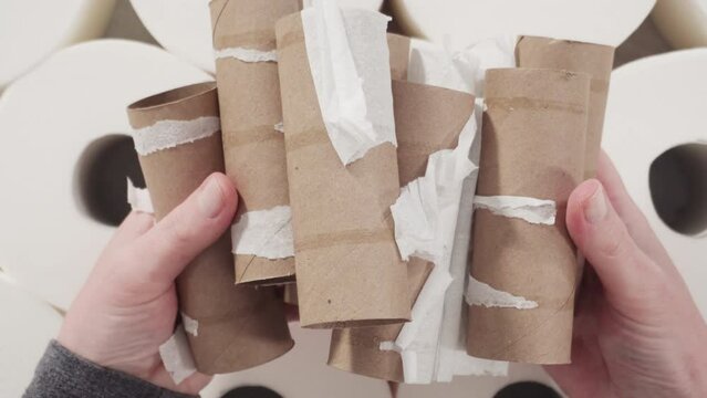 Flat lay. New and empty white toilet paper rolls on a gray background.