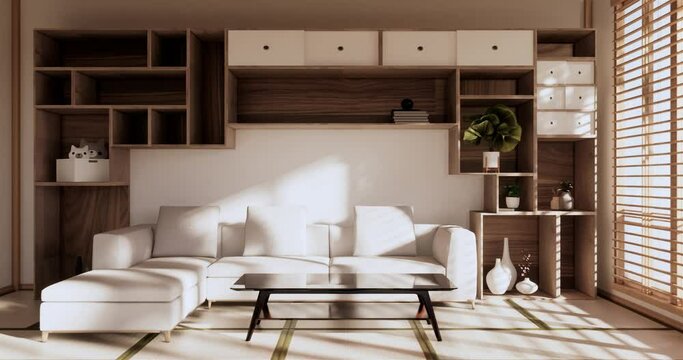 Cabinet modern design on living room zen style empty wall background.3D rendering