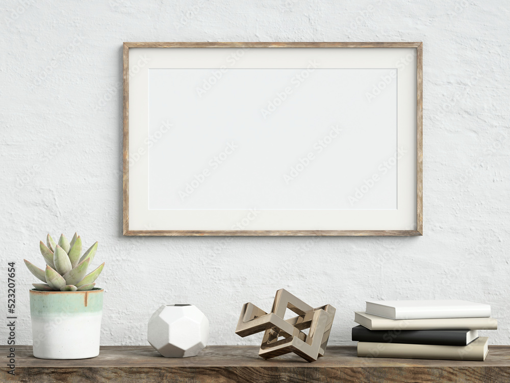 Wall mural Mock up poster frame on white plaster wall with echeveria plant in a pot, books and geometric object on old wooden table; landscape orientation; stylish frame mock up; 3d rendering, 3d illustration