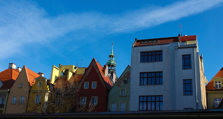 old town hall building with a clock in the center on Wroclaw Square Poland