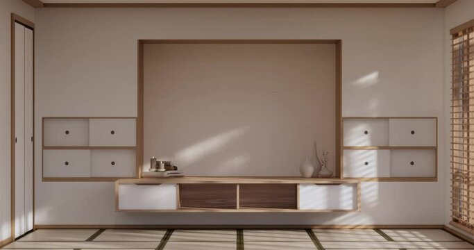 Cabinet modern design on living room zen style empty wall background.3D rendering