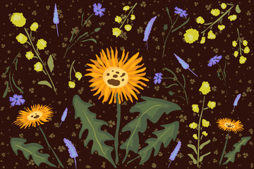 Cute floral vector pattern with meadow flowers. Poster, wallpaper. Dark brown background, bright flowers: yellow. blue, orange. Green leaves