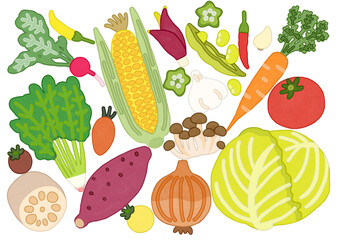 ポップな野菜のセット　背景　水彩画　イラスト
