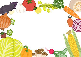 様々な種類の野菜のフレーム素材　横長　テンプレート　イラスト
