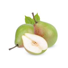 Ripe pears with leaves isolated on whit background