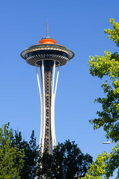 Seattle - August 07, 2022; Seattle Space Needle with roof painted in Galaxy Gold for 60th anniversary